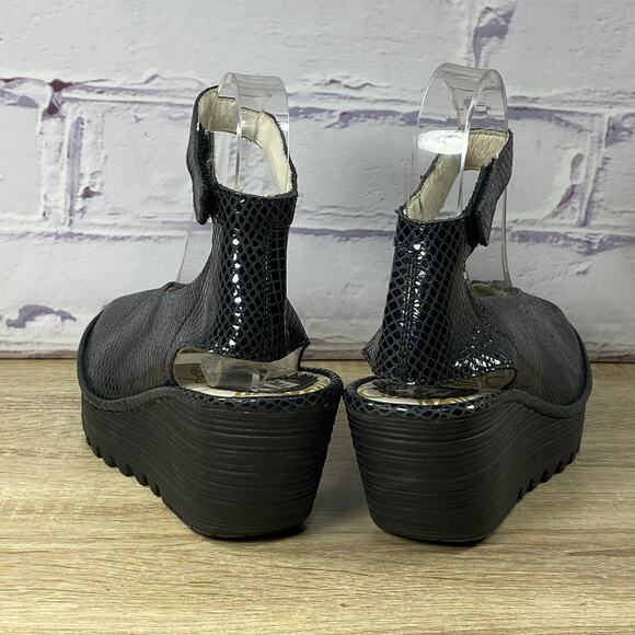Fly London Black Wedge Sandals - Picture 4 of 8